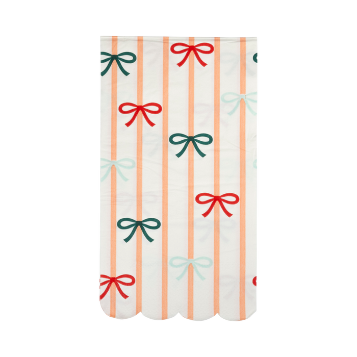 A Christmas Bows and Stripes Scalloped Dinner Napkin.