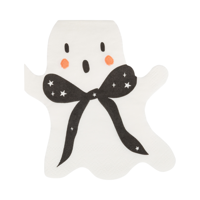Ghost-shaped napkin with a black bow on a white background