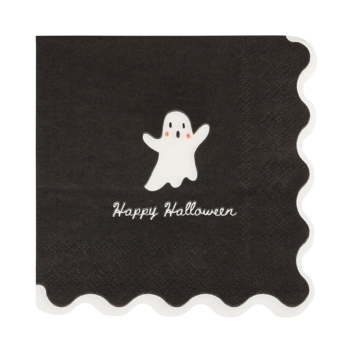 Black napkin with a white ghost and 'Happy Halloween' text on a white background