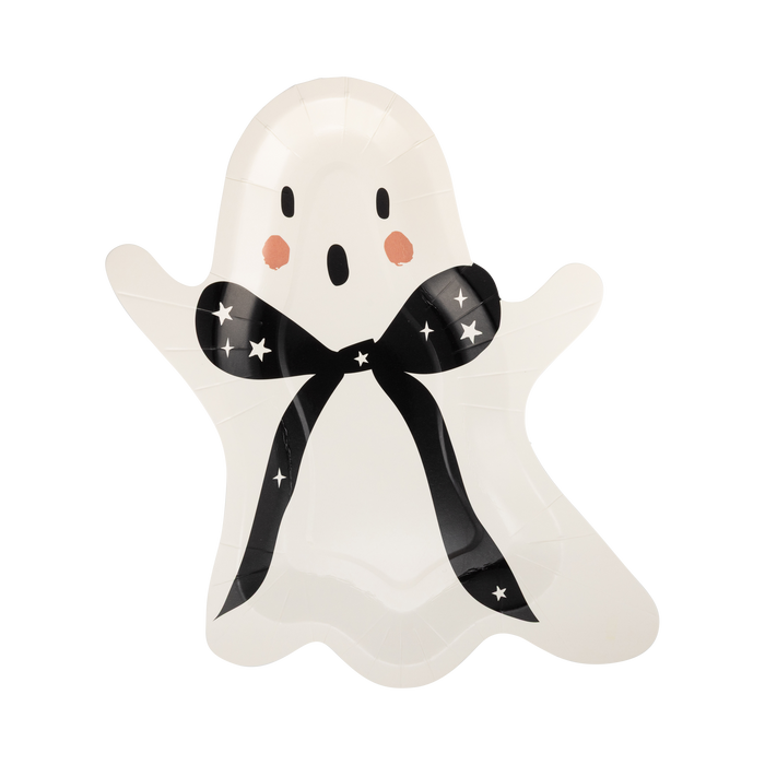 Ghost-shaped plate with a black bow on a white background