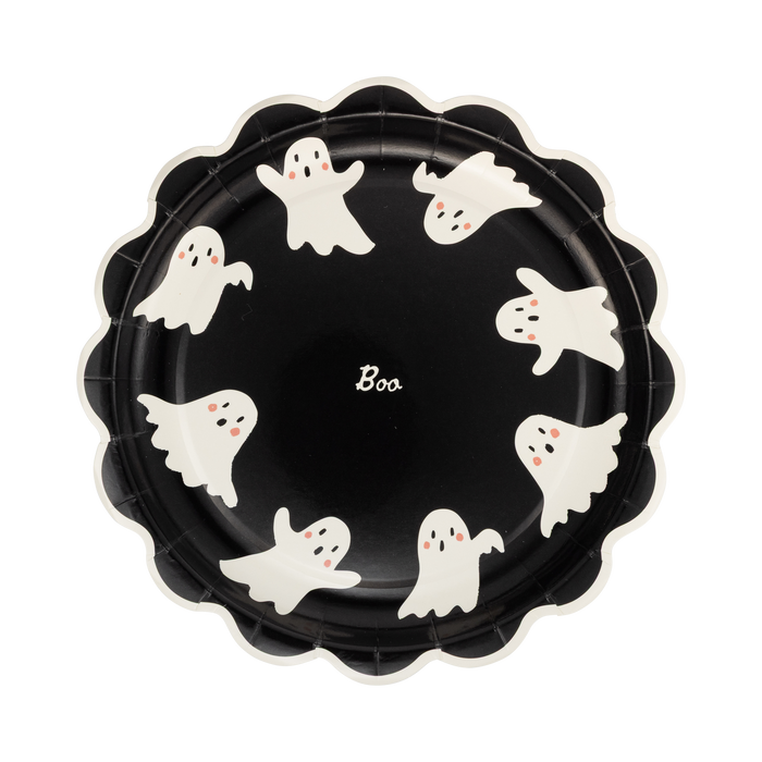 Black paper plate with white ghost illustrations and 'Boo' text on a white background