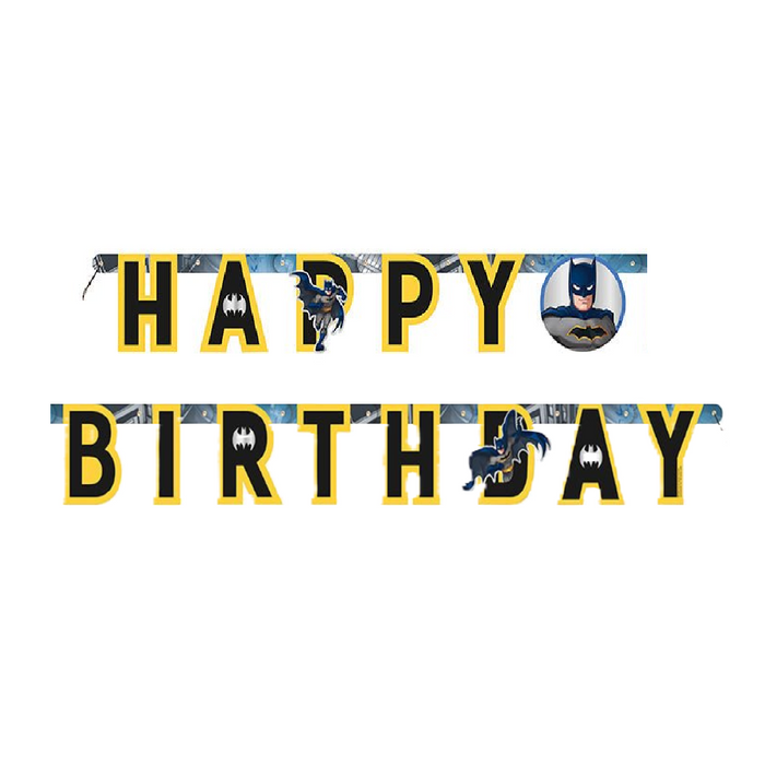 Batman-themed 'Happy Birthday' banner with yellow letters outlined in black, featuring Batman illustrations and a circular character portrait on a white background.