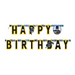 Batman-themed 'Happy Birthday' banner with yellow letters outlined in black, featuring Batman illustrations and a circular character portrait on a white background.