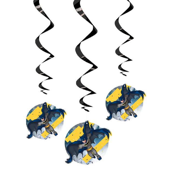 Three black spiral hanging party decorations with three matching round decals featuring a batman on a yellow and gray background, shown on a plain white background.
