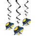 Three black spiral hanging party decorations with three matching round decals featuring a batman on a yellow and gray background, shown on a plain white background.