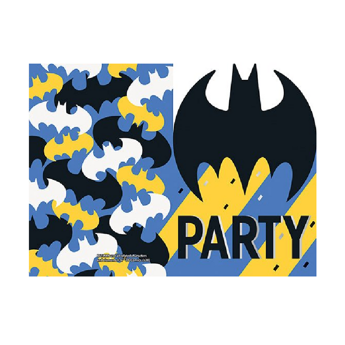 A rectangular Batman-themed Invitation with a split design: the back shows a blue, yellow, and black bat-patterned camouflage, and the front features a large black Batman logo above the word "PARTY" on a blue and yellow background.