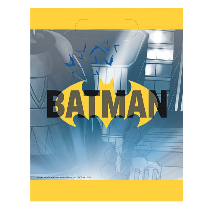 Batman themed party favor bag featuring the iconic yellow bat logo on blue background with Gotham cityscape imagery, pack of eight bags.
