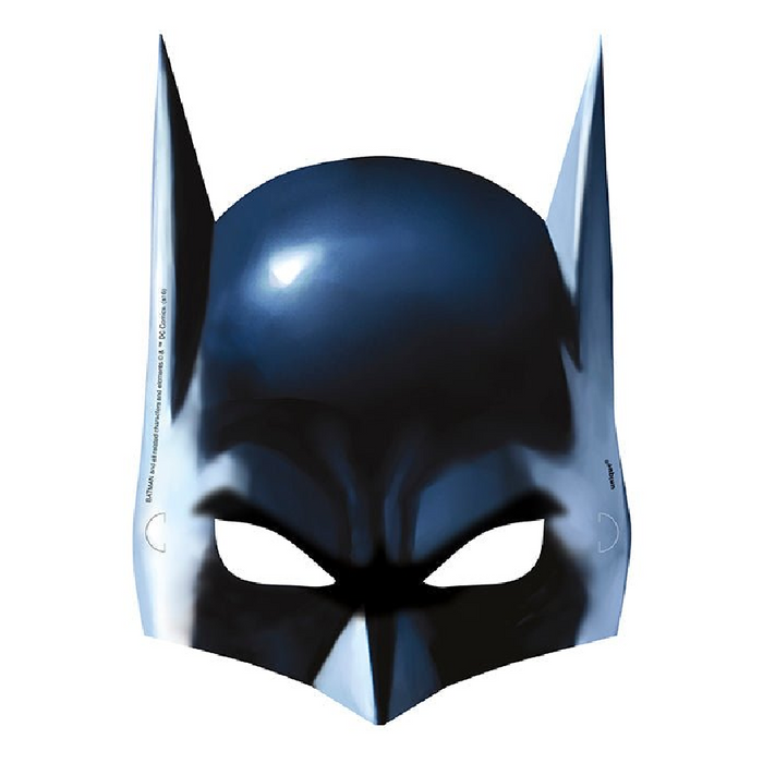 Dark blue Batman mask with pointed ears, white eye openings, and glossy finish, designed as a wearable costume accessory.