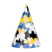 A party cone hat featuring a Batman-themed camouflage pattern of yellow, blue, white, and black bat symbols, shown on a plain white background.