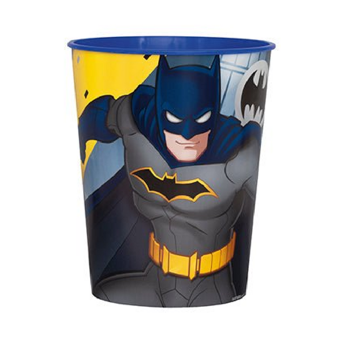 A plastic party cup featuring a graphic print of Batman on the front, with a blue rim and blue interior, shown on a plain white background.