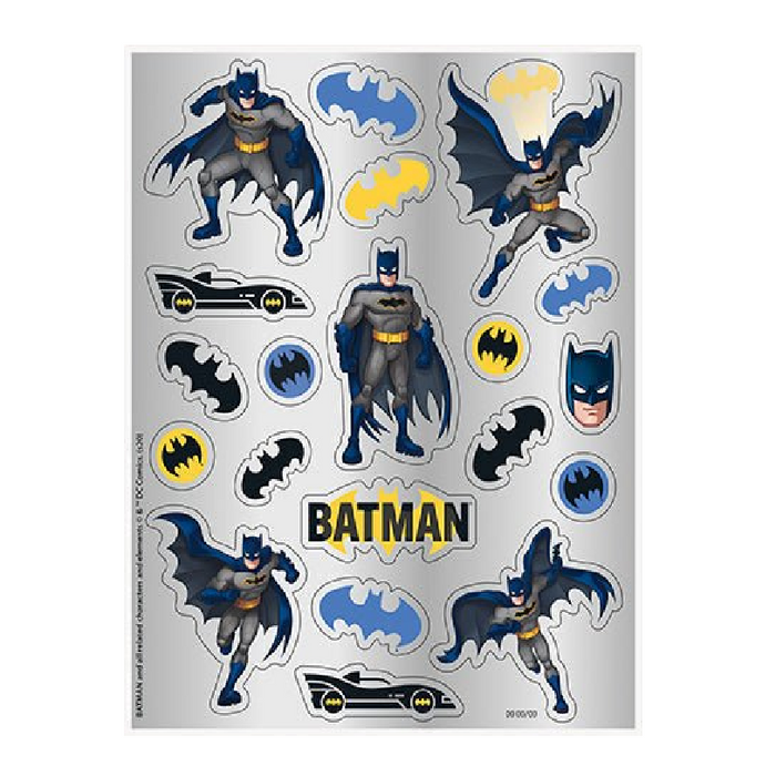 Sheet of Batman stickers featuring multiple blue and yellow bat symbols, Batmobile vehicles, and Batman character illustrations in various poses on a gray background.