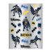 Sheet of Batman stickers featuring multiple blue and yellow bat symbols, Batmobile vehicles, and Batman character illustrations in various poses on a gray background.