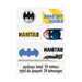 Package of 24 Batman temporary tattoos featuring the iconic bat symbol, character portraits, and Batmobile in blue, black, and yellow on a white background.