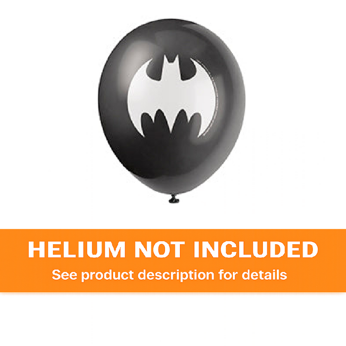 Black 12-inch Batman latex balloon with white Batman logo and orange “Helium Not Included” banner at the bottom.