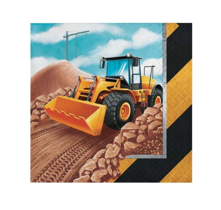 Construction-themed paper napkins featuring a yellow front loader on a dirt site, with a black and yellow hazard stripe border on the right side.