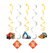 Three party decoration swirls on a white background, with yellow and silver ribbons above cartoon construction vehicles and orange diamond signs reading 'PARTY ZONE AHEAD'.