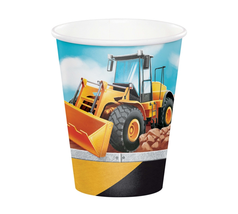 A paper party cup featuring a graphic illustration of a yellow construction wheel loader on a blue sky and dirt background, with a yellow and black striped bottom section.