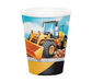A paper party cup featuring a graphic illustration of a yellow construction wheel loader on a blue sky and dirt background, with a yellow and black striped bottom section.
