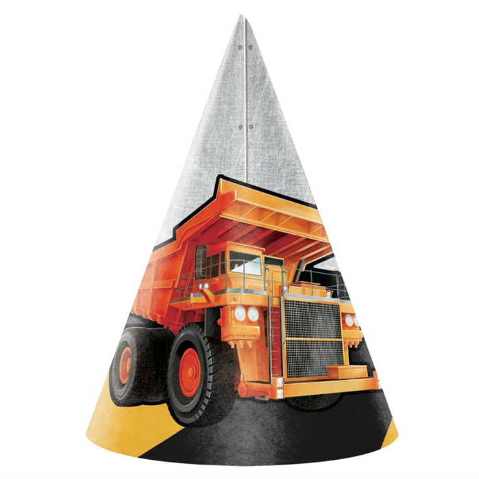 A cone-shaped party hat featuring a printed graphic of a large orange dump truck on a black and yellow road, with a gray textured top section.