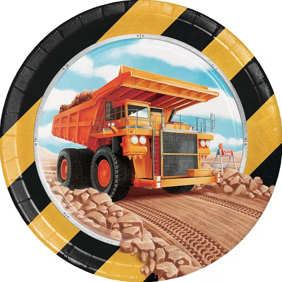 Paper plate with a dump truck design on a white background