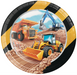 A round paper plate featuring a construction site illustration with a yellow dump truck, blue excavator, and yellow front loader on brown dirt, bordered by black and yellow caution stripes.