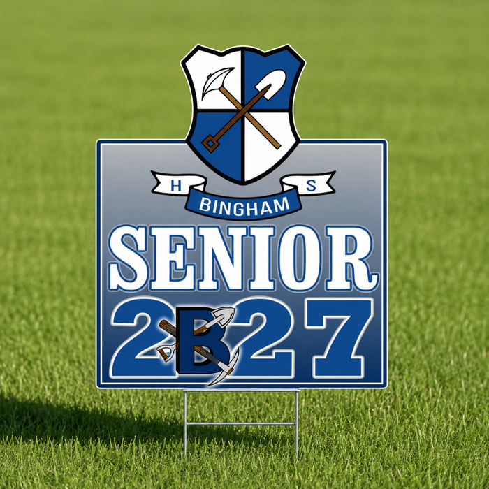 A square graphic design for a 'H Bingham Senior 2027' banner or sign. The design features a blue and white shield crest with crossed shovels at the top, a blue ribbon banner reading 'H BINGHAM S', and large white and blue text reading 'SENIOR 2027' with crossed shovels integrated into the '2's.
