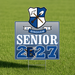 A square graphic design for a 'H Bingham Senior 2027' banner or sign. The design features a blue and white shield crest with crossed shovels at the top, a blue ribbon banner reading 'H BINGHAM S', and large white and blue text reading 'SENIOR 2027' with crossed shovels integrated into the '2's.
