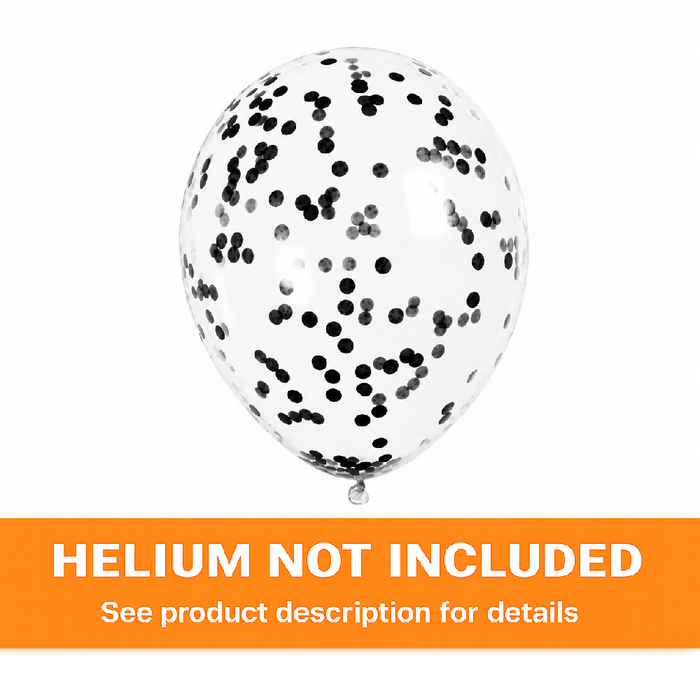 Clear 12-inch latex balloon filled with black confetti dots on a white background plus an orange "Helium Not Included" banner. 