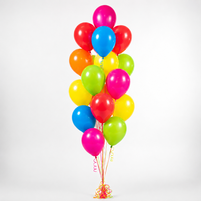 Block Bash themed accent balloon bouquet with pink, red, blue, orange, yellow, and green latex balloons.