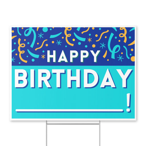 A 24 inch by 18 inch Happy Birthday Blue Confetti Yard Sign with H stake sticking out the bottom.