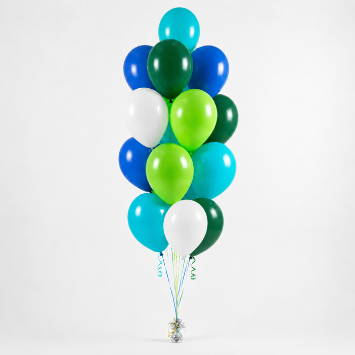 Blue and green dino themed accent balloon bouquet with blue, green, teal, lime, and white latex balloons.