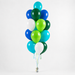 Blue and green dino themed accent balloon bouquet with blue, green, teal, lime, and white latex balloons.