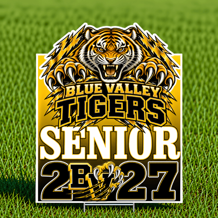 Blue Valley Tigers Senior 2027 yard sign featuring a fierce roaring tiger mascot with gold, black, and white school colors, displayed on green grass with a centered metal H-stake.
