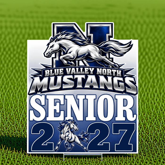 Blue Valley North Mustangs Senior 2027 yard sign featuring a galloping white mustang mascot with navy blue, silver, and white school colors, displayed on green grass with a centered metal H-stake.