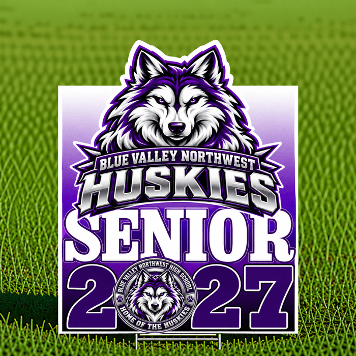 Blue Valley Northwest Huskies Senior 2027 yard sign featuring a purple, black, and white husky mascot design, displayed on green grass with a centered metal H-stake.