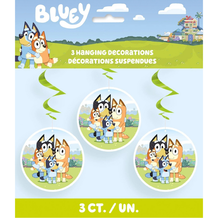 Bluey hanging swirl decorations featuring three circular ornaments with the Heeler family characters against a green landscape background, with green spiral swirls above them.