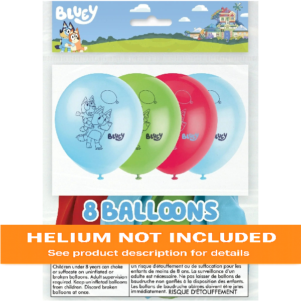 Pack of eight 12-inch latex balloons in light blue, green, hot pink, and light blue featuring Bluey character illustrations and small balloon designs.