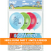 Pack of eight 12-inch latex balloons in light blue, green, hot pink, and light blue featuring Bluey character illustrations and small balloon designs.