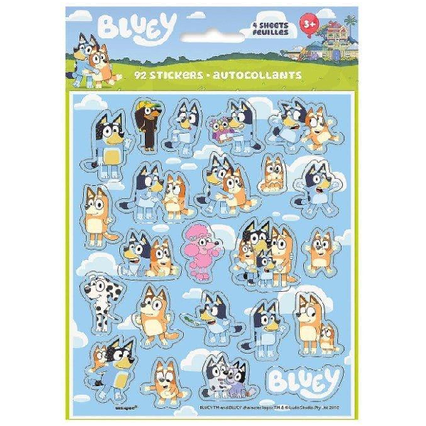 Sheet of 92 Bluey character stickers featuring various poses of the blue heeler dog and family members on a cloud-patterned blue background.