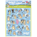 Sheet of 92 Bluey character stickers featuring various poses of the blue heeler dog and family members on a cloud-patterned blue background.