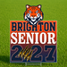 A custom yard sign featuring a tiger mascot above the text 'BRIGHTON SENIOR 2027' in navy and white, displayed on a green grass background.