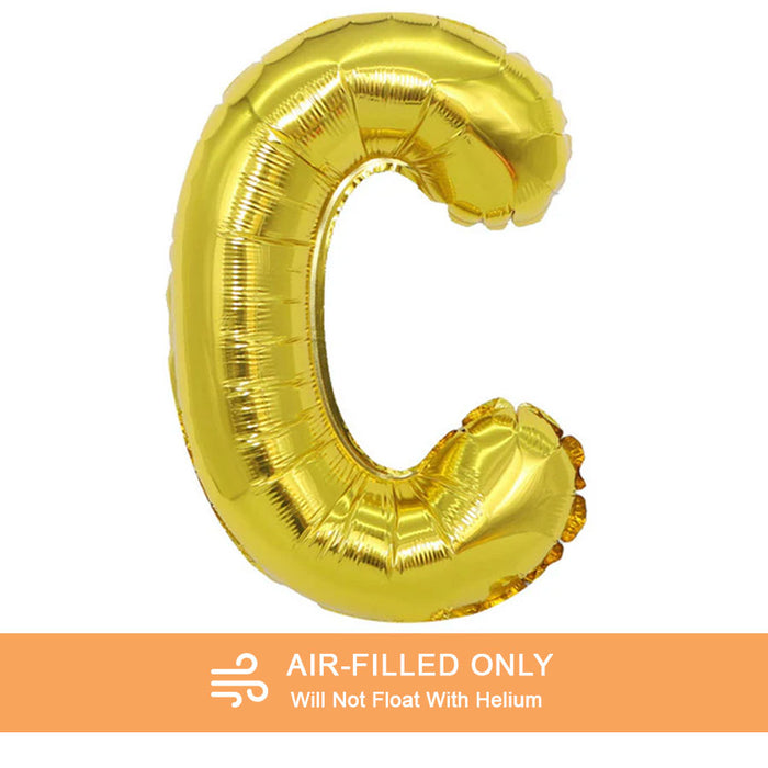 A 16-inchAir Filled Gold Mylar Letter Balloon in the letter C.