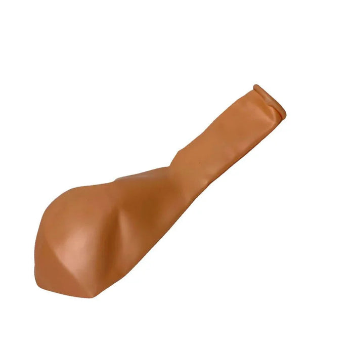 Brown latex balloon with a rounded bulbous base and narrow neck, designed for inflation without helium included.