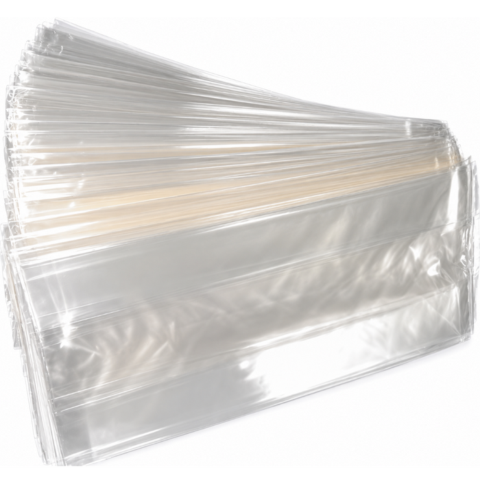 C2 Clear Cellophane Bags, 4 x 2.5 x 9.5 inches, 100-count pack, featuring a stack of transparent cellophane treat bags with a glossy finish displayed against a white background.