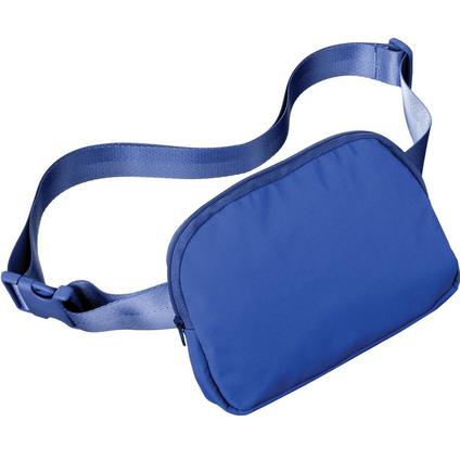 A 7.5 inch long by 5inch wide blue belt bag.