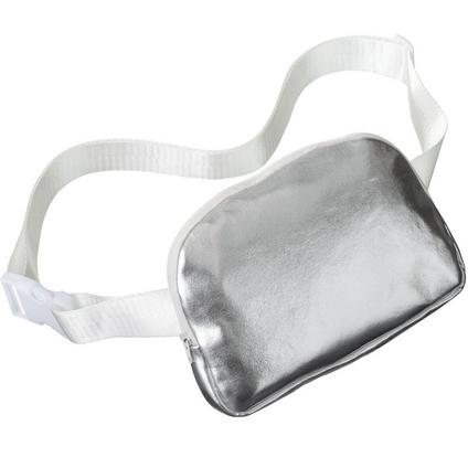 A 7.5 inch long by 5inch wide silver belt bag.