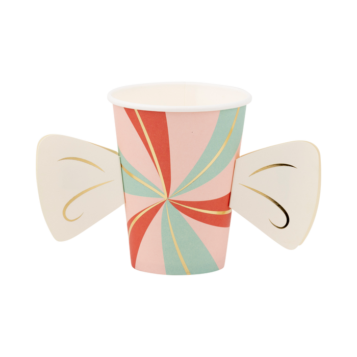 A 12 ounce Christmas Candy Cane Lane Handled Paper Cup.