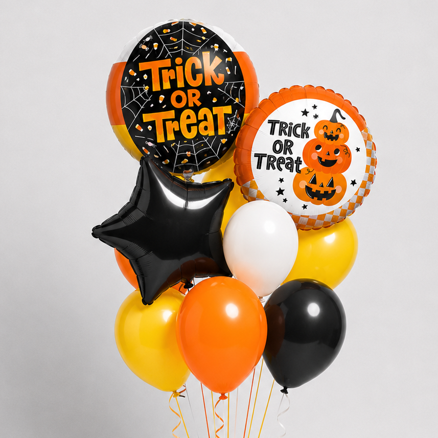 A Halloween balloon bouquet featuring orange, yellow, black, and white balloons, including a round 'Trick or Treat' balloon with a jack-o'-lantern, a star-shaped black balloon, and a round black 'Trick or Treat' balloon with spiderwebs, arranged on a light gray background.