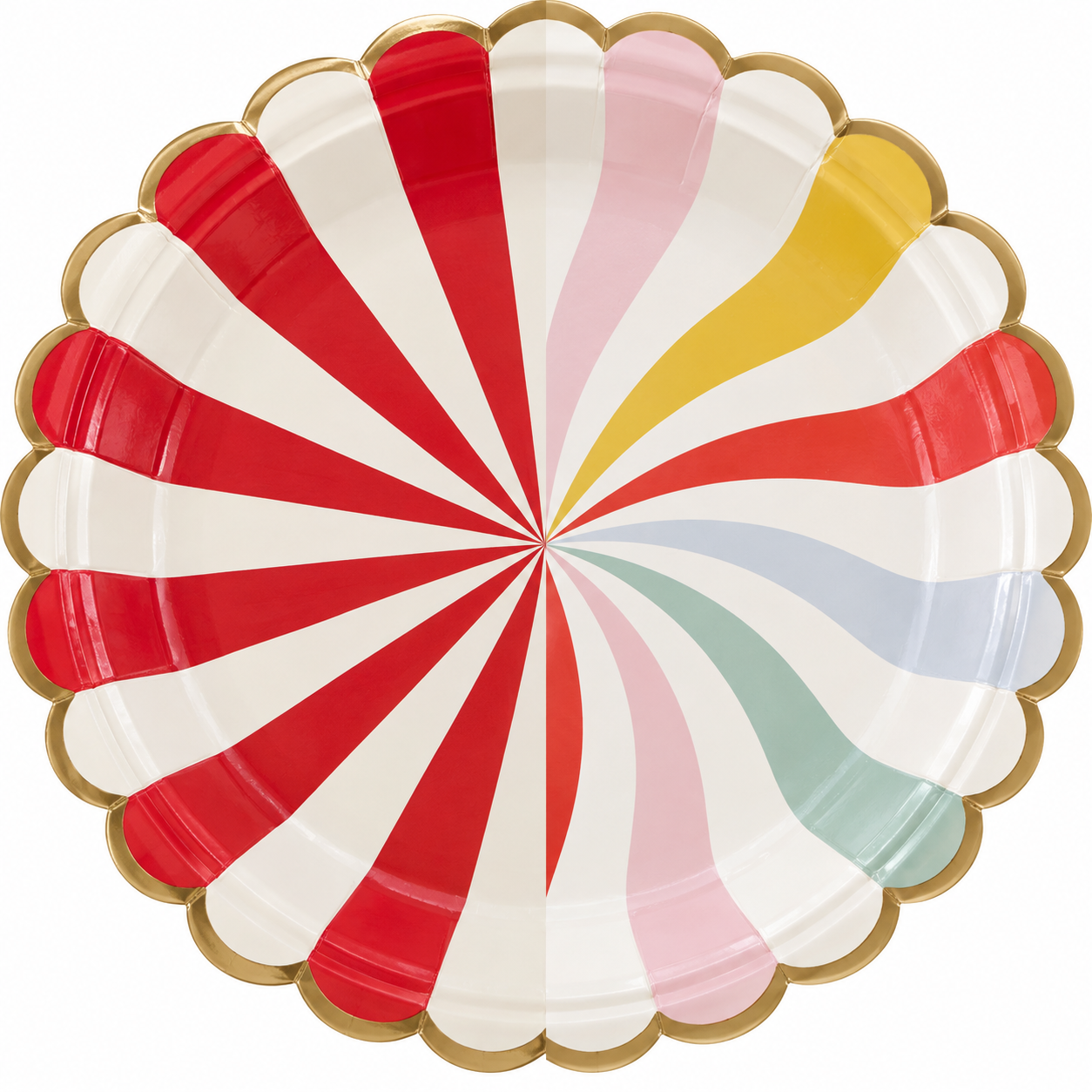 Circus party setup with red-and-white striped plates, circus banner, ticket invitations, performer garland, popcorn, peanut bags, elephant cutouts, red tassels, paper fans, and colorful confetti.