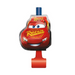 Red Lightning McQueen character-shaped noisemakers with smiling face and yellow text, featuring blue blower tubes on top and red handles at bottom.